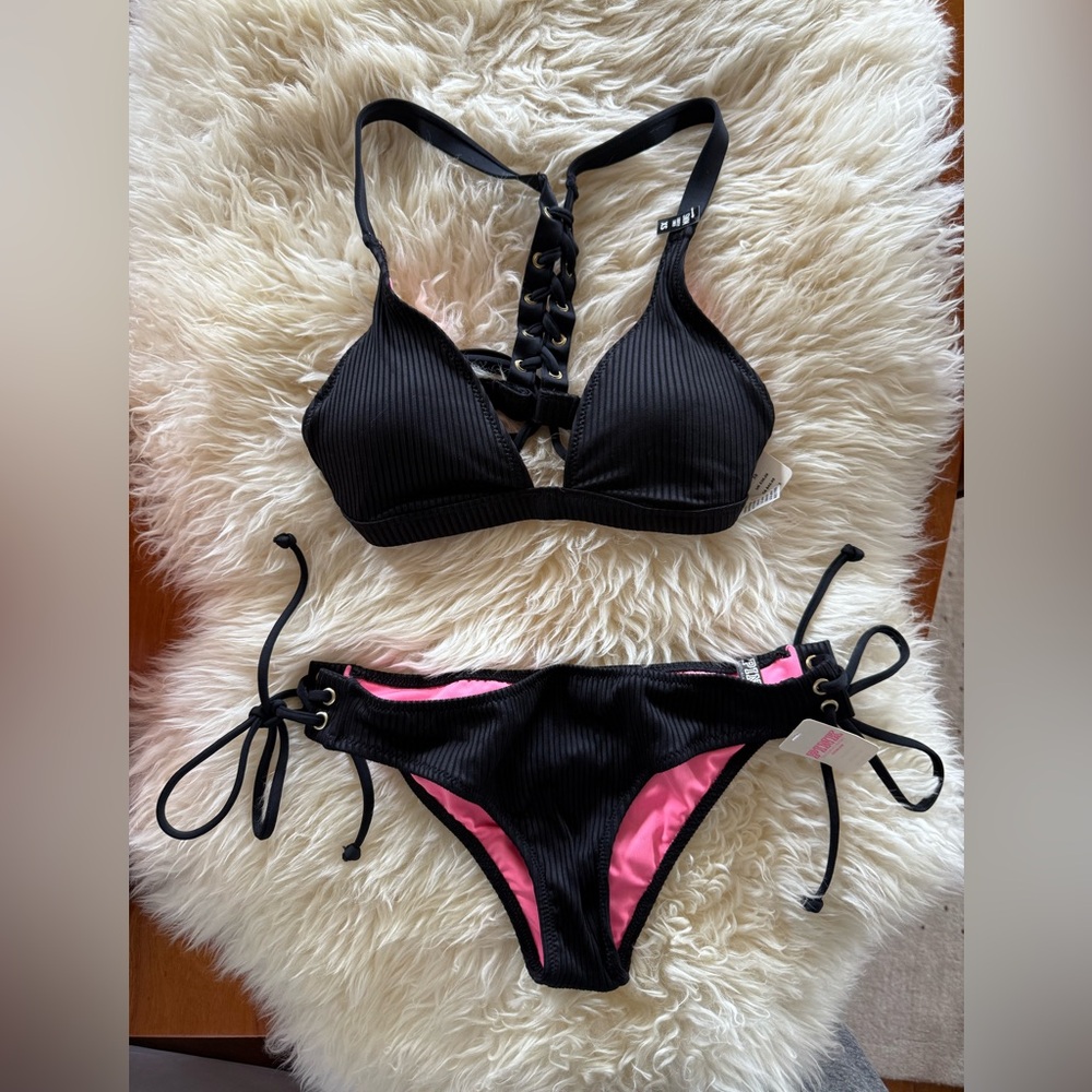 Victoria’s Secret PINK ribbed black lace up padded Bikini top & bottom set XS